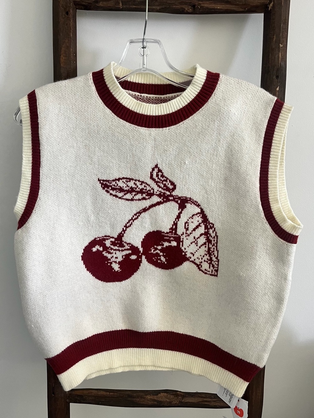 Cider Cream Knit Sleeveless Vest with Burgundy Cherry Motif